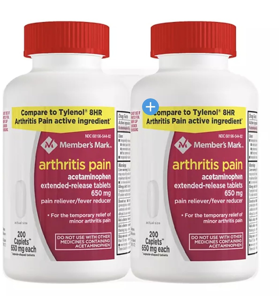 Sammenlign med Tylenol Arthritis Pain Active Ingredient. - Medlemsmærke - Gigt Smerte Reliever, Extended Release, Acetaminophen 650 mg, 400 CapletsQ