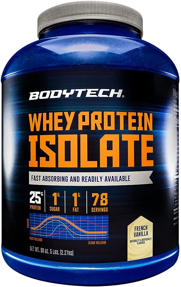 BODYTECH Whey Protein Isolate Powder - with 25 Grams of Protein per Serving & BCAA's - Ideal for Post-Workout Muscle Building & Growth, Contains Milk & Soy - Vanilla (5 Pound)