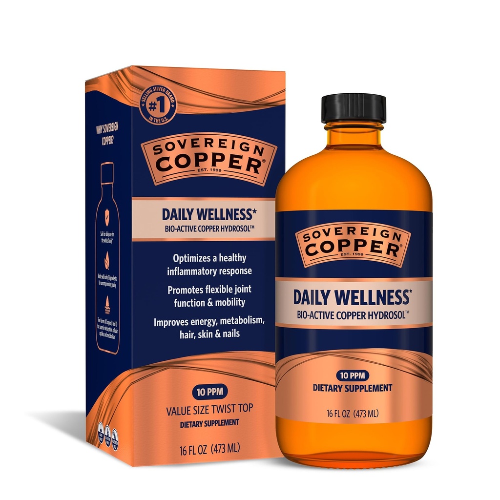 Sovereign Bio- Active Copper Hydrosol - Biotilgængelig kolloid kobber væske supplement til voksne og børn med sølv Hydrosol til immunforsvar, hår, hud og negle - 16 fl oz (473ml)
