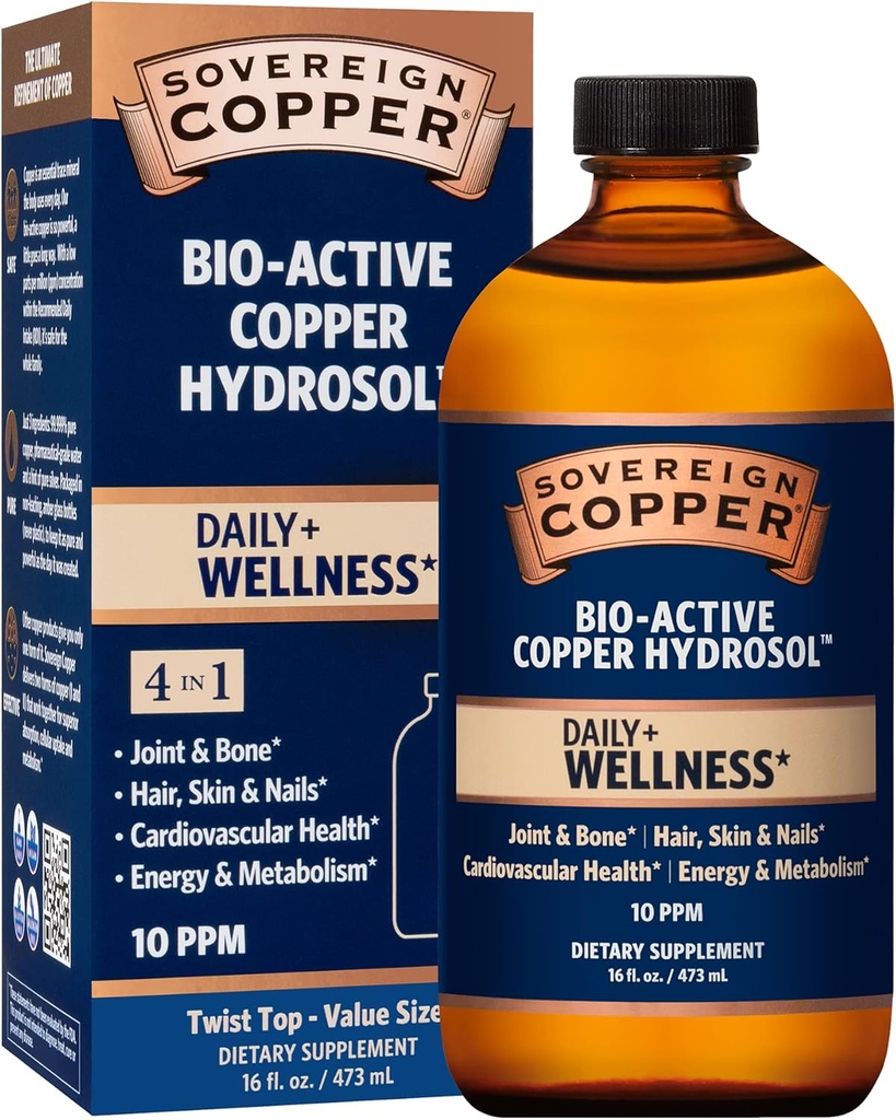 Sovereign Bio- Active Copper Hydrosol - Biotilgængelig kolloid kobber væske supplement til voksne og børn med sølv Hydrosol til immunforsvar, hår, hud og negle - 16 fl oz (473ml)