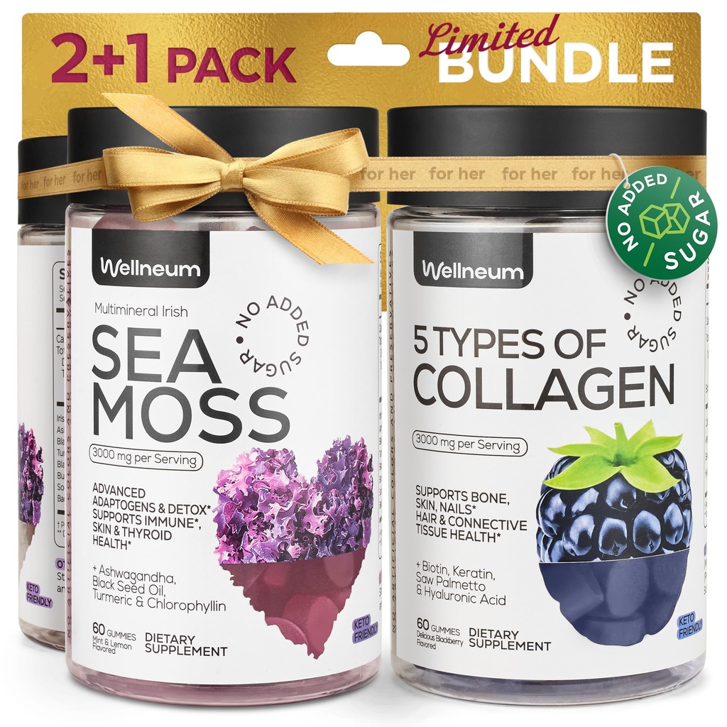 Collagen og Sea Moss Gummies Bundle - Collagen Peptider, Irish Sea Moss, Biotin, Keratin, Bladderwrack - Gummy Supplement for Immunitet, Detox, sundt hår, hud og negle - for mænd og kvinder