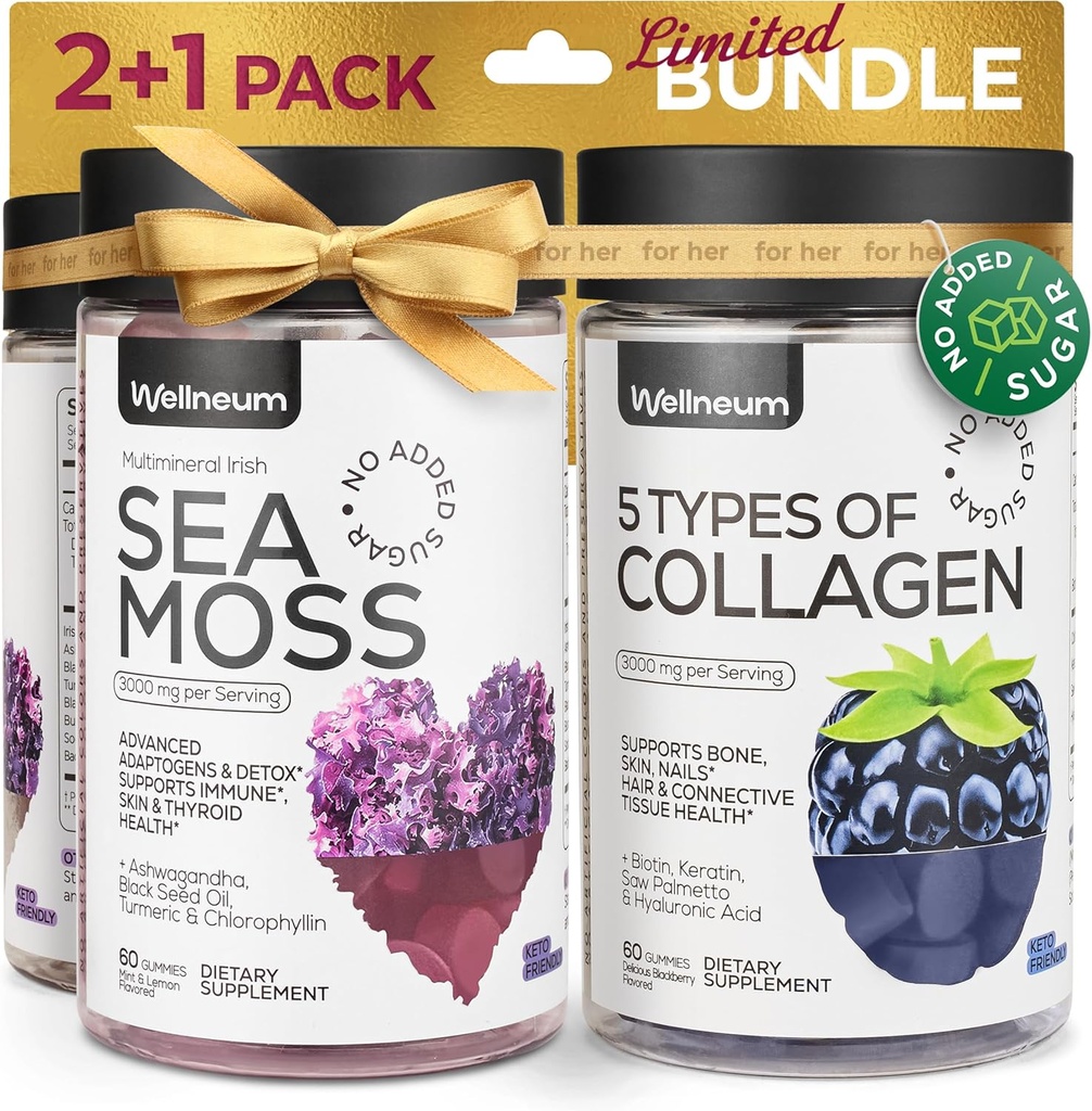 Collagen og Sea Moss Gummies Bundle - Collagen Peptider, Irish Sea Moss, Biotin, Keratin, Bladderwrack - Gummy Supplement for Immunitet, Detox, sundt hår, hud og negle - for mænd og kvinder
