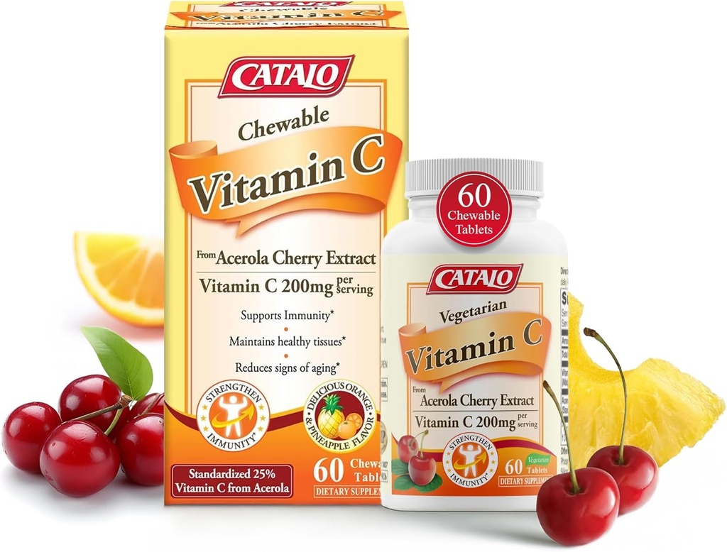 CATALO C-vitamin Formel - Acerola Cherry Extract, 200mg C-vitamin per servering, Foryngelse af huden, Collagen produktion, lækker Orange & Ananas Flavor, 60 tyggetabletter