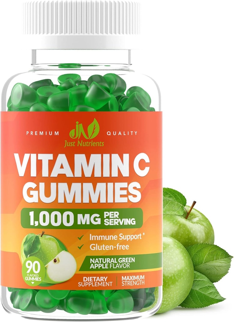 Vitamin C Gummies 1000mg for Adults & Kids - Maximum Strength Chewable Immune Support, Collagen Support - Sour Green Apple Flavor - Gluten Free, Non-GMO, Vegetarian - 90 Gummies (30 Servings)