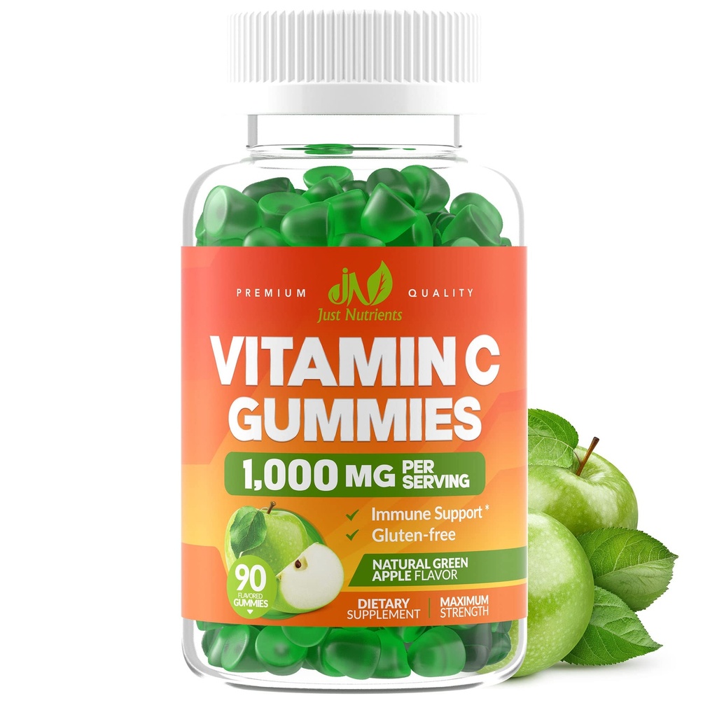Vitamin C Gummies 1000mg til voksne & Børn - Maksimal styrke Chewable immunforsvar, Collagen Support - Sour Green Apple Flavor - Gluten Free, Non- GMO, Vegetar - 90 Gummies (30 Servere)