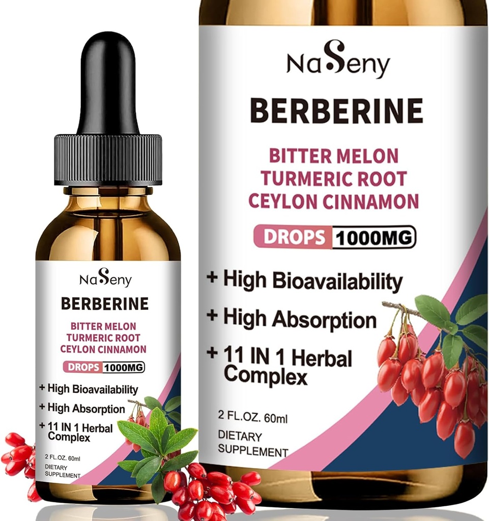Berberine Flydende Drops-Berberine HCL Drops med Ceylon Kanel, Bitter Melon, Gurkemeje, Flydende Herbal Extract Supplement for immunforsvar & fordøjelse sundhed (60ml)