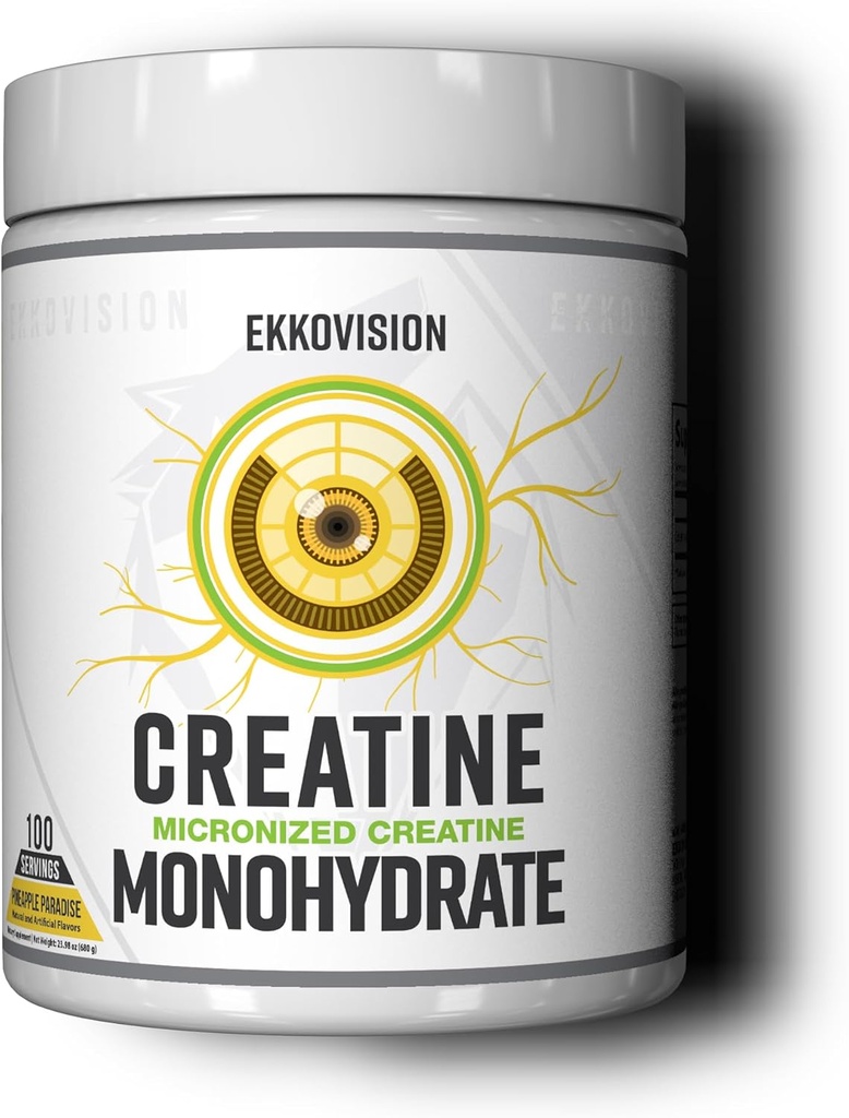 Ekkovision Creatinine monohydrat pulver, mikroniseret, Ananas paradis, Pre Workout & Post Workout Supplement for mænd og kvinder, Energistøtte, Let at blande i shakes, Smoothies & drikkevarer, 100 Srvgs