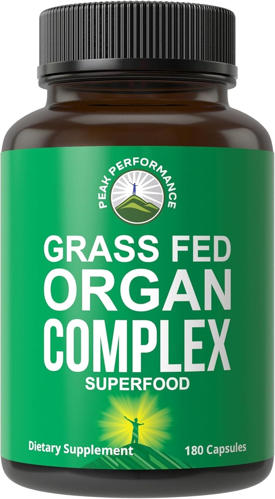 Peak Performance Grass Fed Oksekød orgel Complex fra New Zealand (180 Kapsler) Desickeret Organs Superfood Pills. GrassFed Beef Leverkapsler med hjerte, Nyre, Pancreas, Milten. Supplement