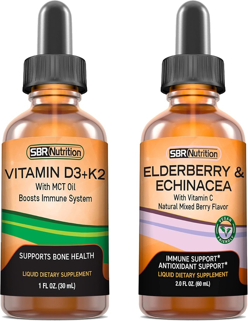 SBR Nutrition D3 + K2 og Elderberry Bundle Vitamin D3K2 (MK7) Liquid Drops, Pebermynte, 1oz Б124; Elderberry & Echinacea & Vitamin C Liquid Drops, 2oz Б124; Voksne & Kids Б124; Non- GMO, Gluten Free