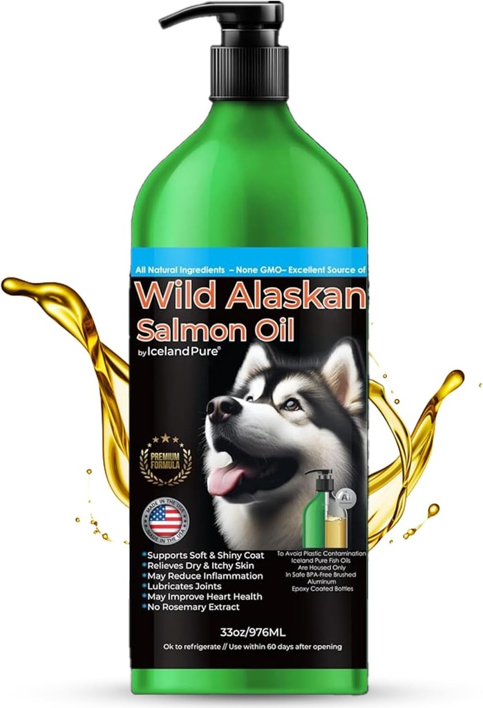 Island Pure Wild Alaska Salmon Oil for Dogs & Cats, Omega-3 Fish Oil, Flydende supplement til Kæledyr, Understøtter immunsystem & hjerte sundhed, 33oz