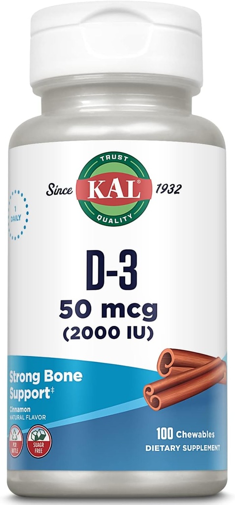KAL Vitamin D3 Chewables 50 mcg, D-vitamin 2000 IE som Cholecalciferol, Sukker fri, Natural kanel Flavor D3 Vitamin, immunforsvar & ben sundhed, 100 Servere, 100 Chewables