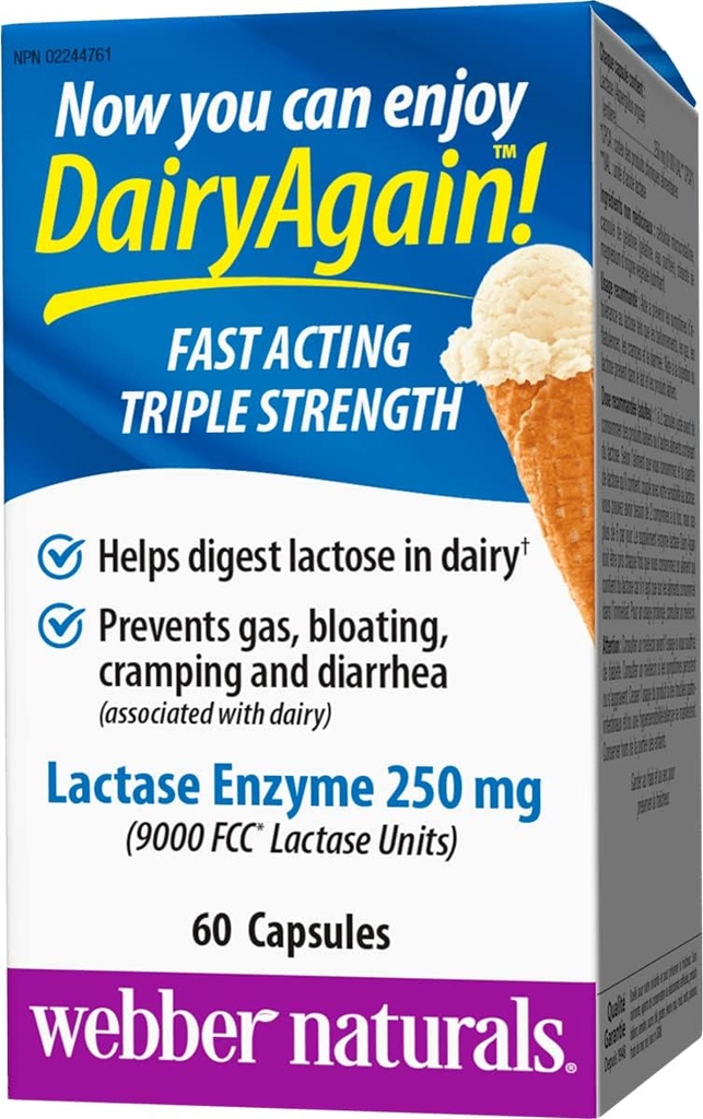 Webber Naturals Dairy Igen 250 mg Lactase Enzyme Triple Styrke, 60 kapsler