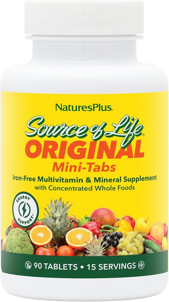 Natures Plus Kilde of Life Mini- Tabs No Iron - 90 Vegetarisk Mini Tablets - Nem at synke naturlige fødevarer Multivitamin & Mineral supplement til sundhed og energi - 15 Servere