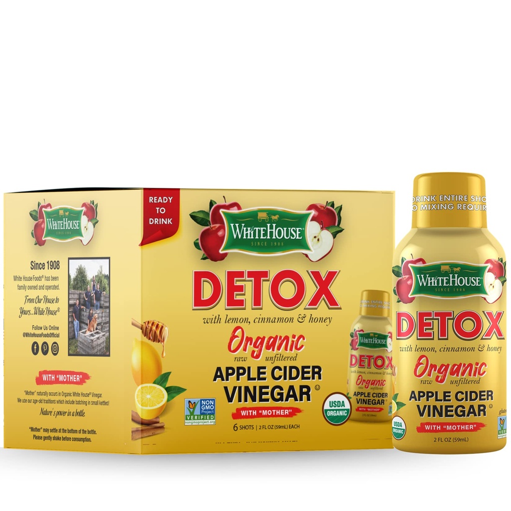 Det Hvide Hus Detox Apple Cider Vinagar Shots, Raw Ufiltreret, On The Go (Detox, pakke med 6)