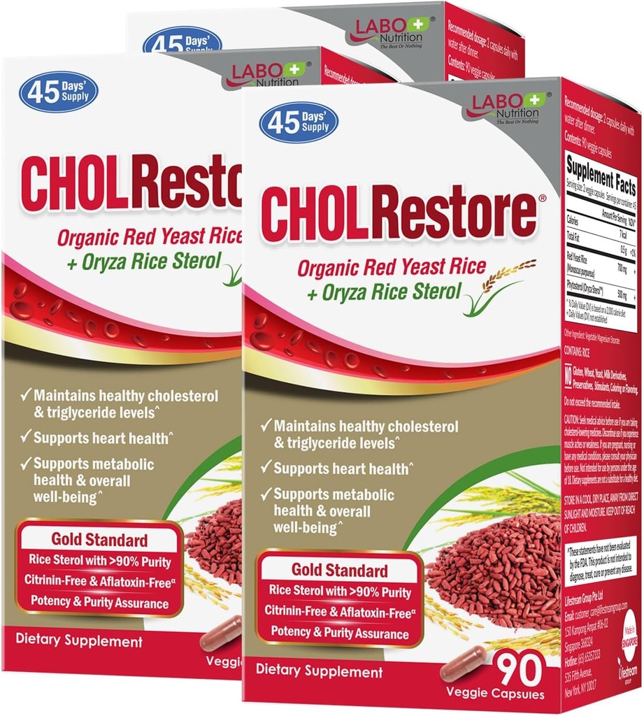 Laboo Nutrition CHOLRestore - Rød Gær Rice med Phytosterol Health Supplement, Understøtter sunde Cholesterol Niveauer, Citrinin & Aflatoksin Free, 90 Vege Kapsler 3x3