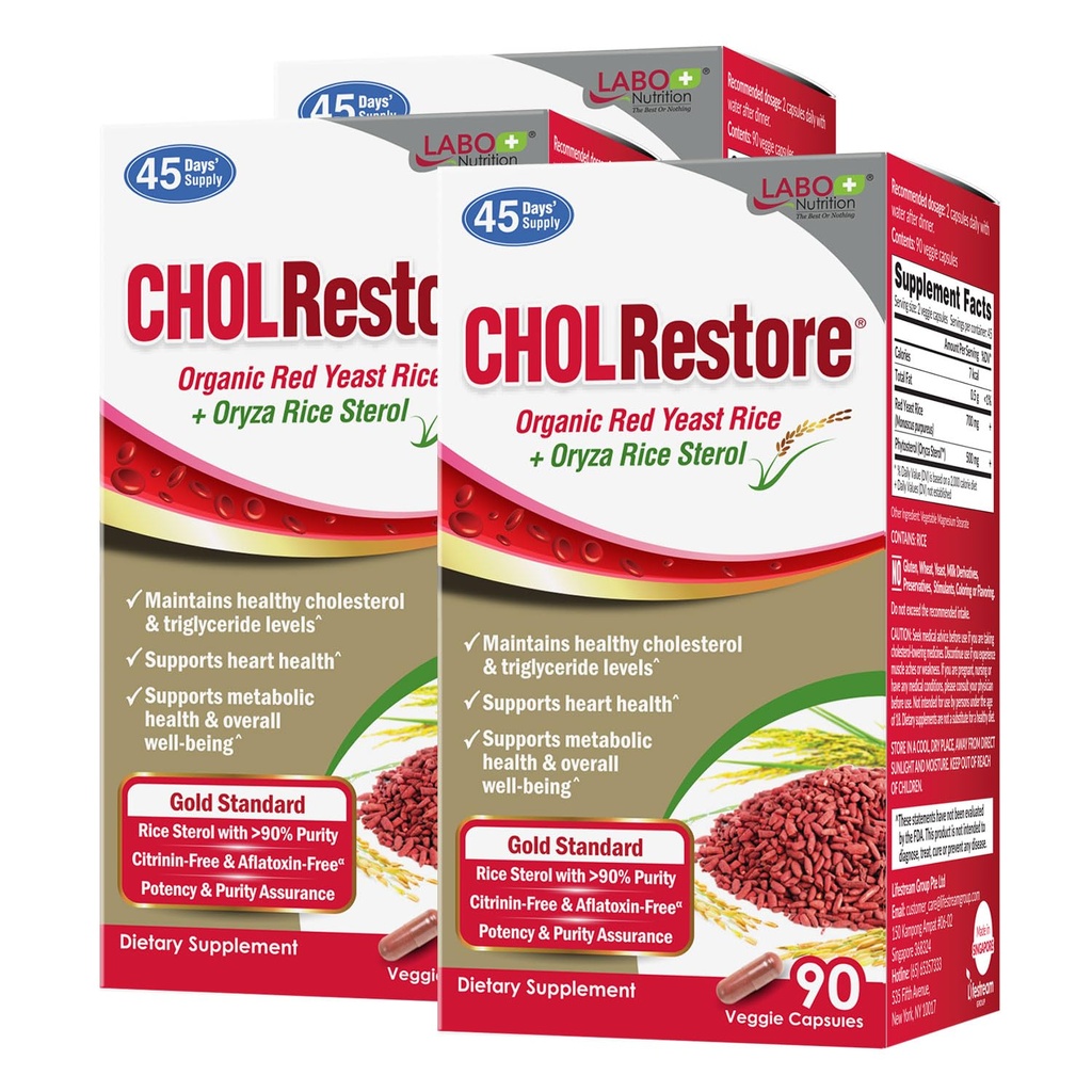 Laboo Nutrition CHOLRestore - Rød Gær Rice med Phytosterol Health Supplement, Understøtter sunde Cholesterol Niveauer, Citrinin & Aflatoksin Free, 90 Vege Kapsler 3x3