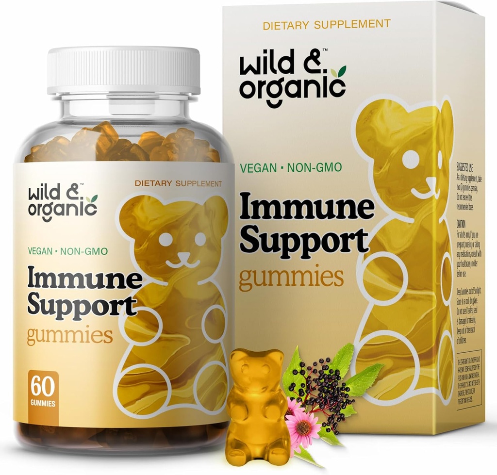 Wild & Organic Immunity Support Gummies - Elderberry 1000mg & C-vitamin 500mg - Naturlig immunforsvar supplement - Vegansk Immunity Gummies med C-vitamin Zink - 60 Greve