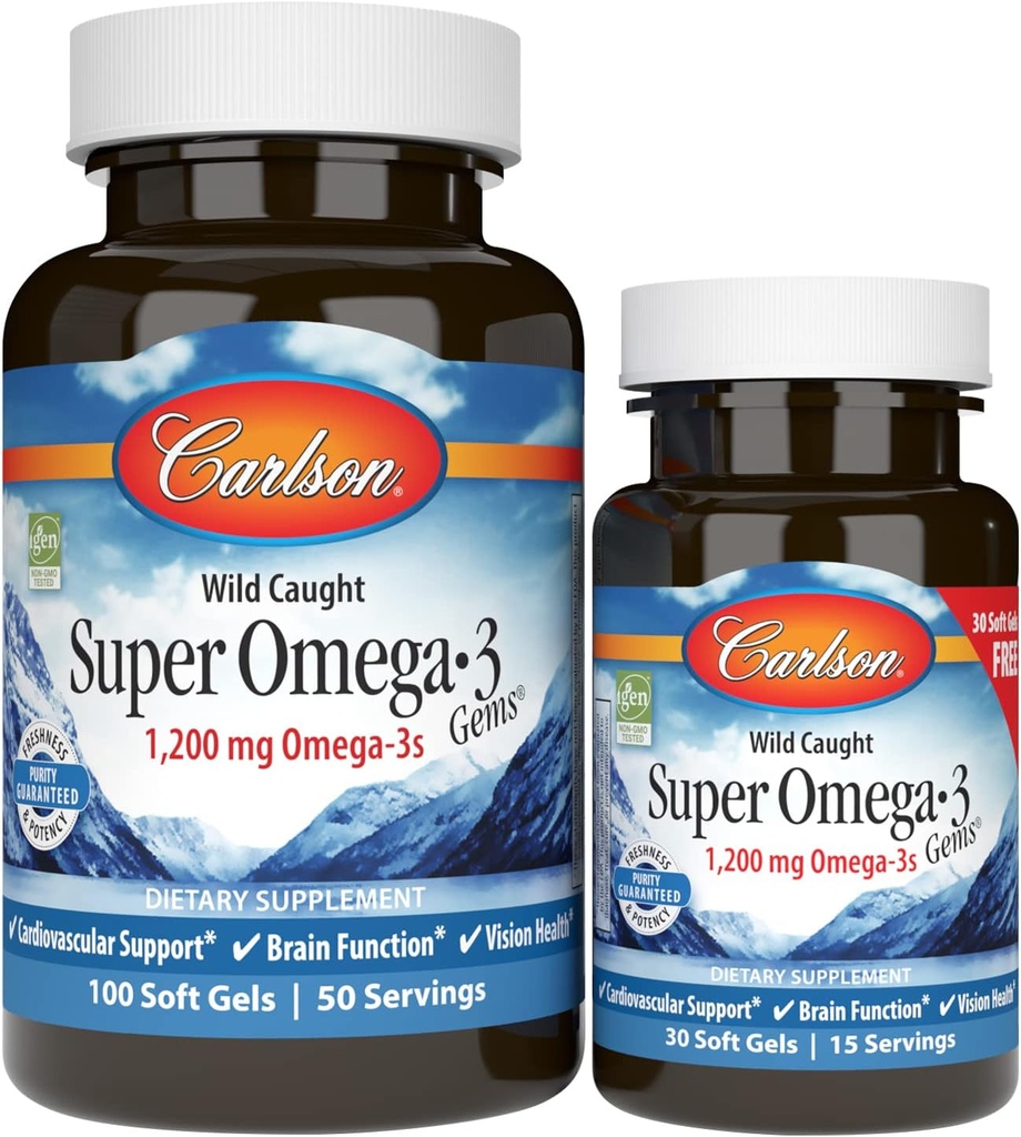 Carlson - Super Omega-3 perler, 1200 mg Omega-3 fedtsyrer med EPA og DHA, Wild- Fanget Norwegian Fish Oil Omega 3 Supplement, bæredygtigt syret Omega 3 Fish Oil, 100 + 30 Softgels