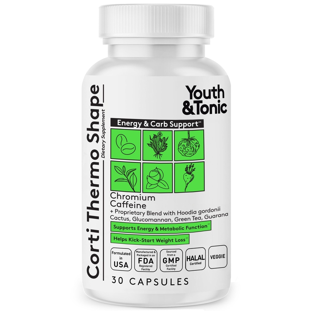 Youth & Tonic Thermogen Supplement 30 Kapsler som Advanced Diet Support for Energy Metabolisme Focus for mænd og kvinder med koffein Chrom Glucomannan Guarana Hoodia Gordonii