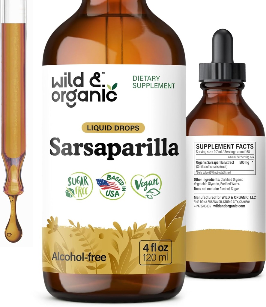 Wild & Organic Sarsaparilla Root Tinktur - Samlet støtte - Sarsaparilla Extract Supplement - Vegan, Sukker & Alkohol- Free Liquid Drops - 4 fl oz