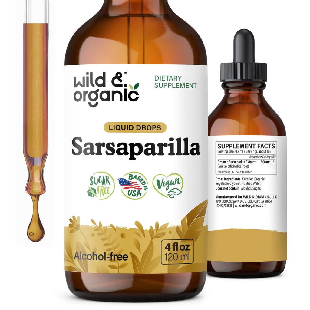 Wild & Organic Sarsaparilla Root Tinktur - Samlet støtte - Sarsaparilla Extract Supplement - Vegan, Sukker & Alkohol- Free Liquid Drops - 4 fl oz