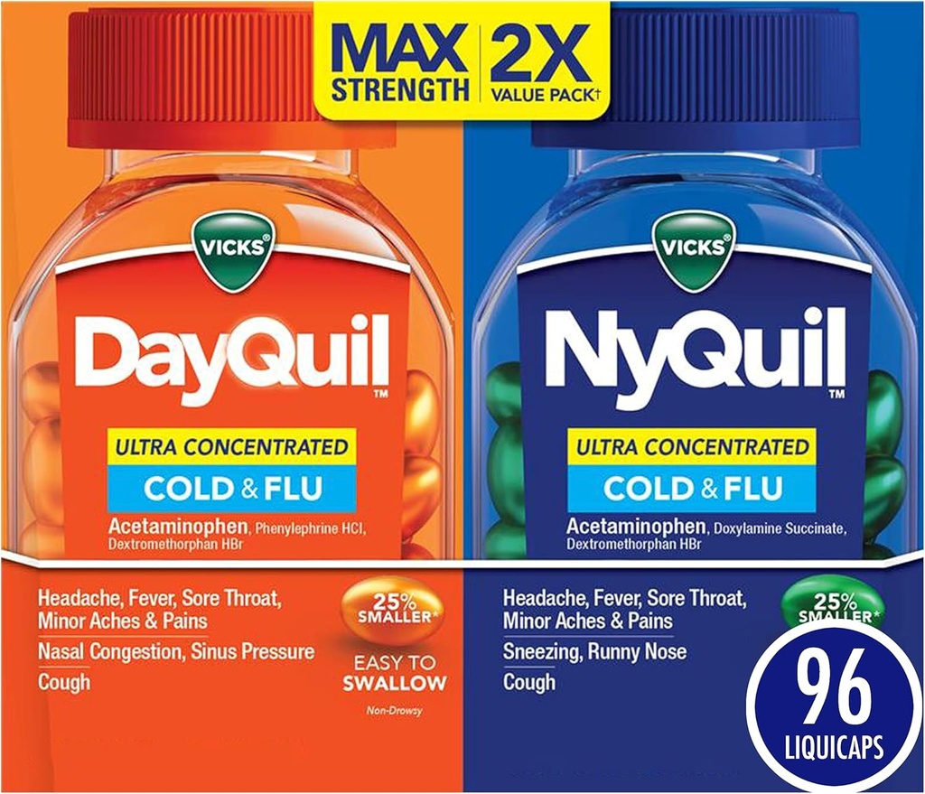 Vicks DayQuil & NyQuil Ultra Koncentreret Liquicaps Co- Pack, Cold & Flu- medicin, Kraftfuld Multi- symptom Dagtid & Nighttime Relief for Hovedpine, Fever, Sore Throat, Minor Aches & Pains, & Hough, 96ct