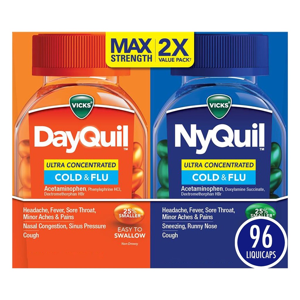 Vicks DayQuil & NyQuil Ultra Koncentreret Liquicaps Co- Pack, Cold & Flu- medicin, Kraftfuld Multi- symptom Dagtid & Nighttime Relief for Hovedpine, Fever, Sore Throat, Minor Aches & Pains, & Hough, 96ct