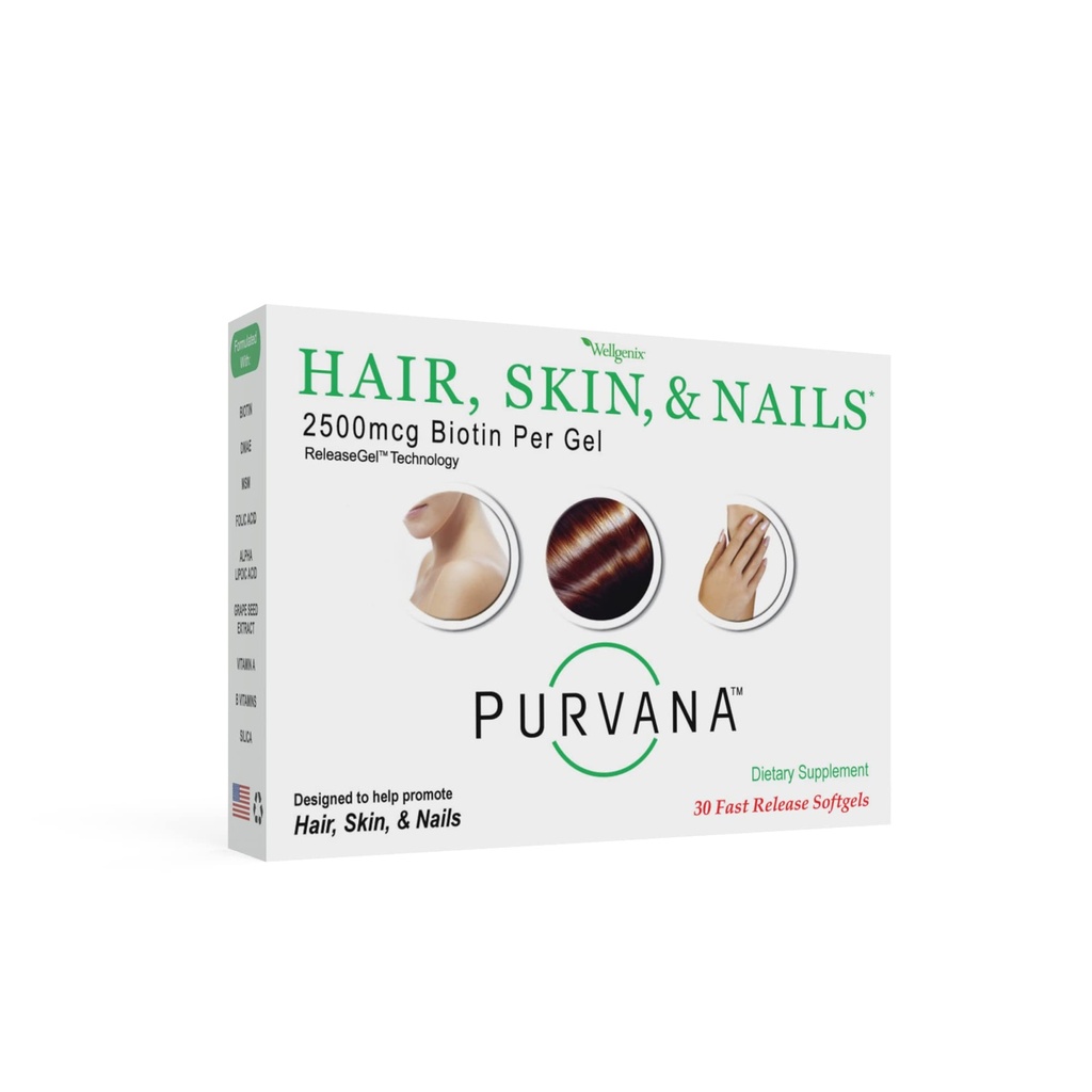 Wellgenix Purvana Hår, Hud, og negle Vitamin - 2500mcg Biotin, Folsyre, DMAE, Grape Seed Extract - En om dagen Softgels - PCOS & Postpartum hårtab Support - (30 Greve)