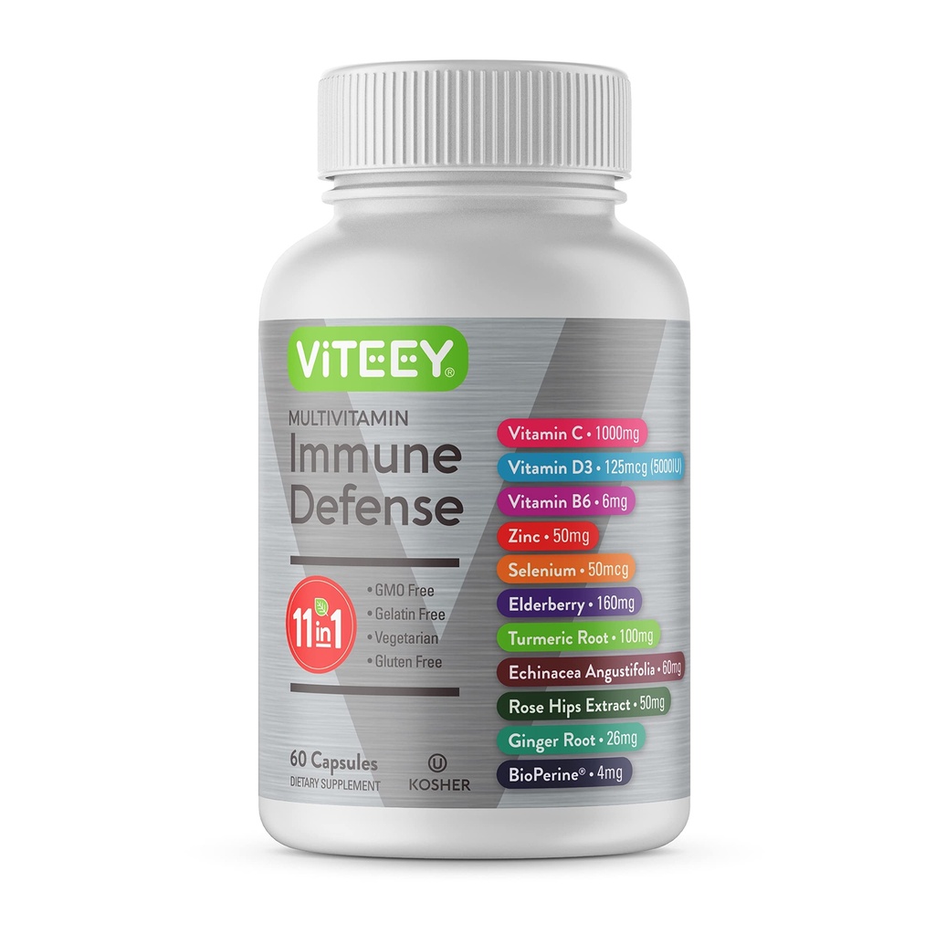 Viteey 11 i 1 immunforsvar supplement - immunforsvar med vitamin D3, B6, Echinacea, gurkemeje, Rose- HIPS, Selenium, BioPerine, Ingefær, Elderberry C-vitamin og zink - 60 Greve