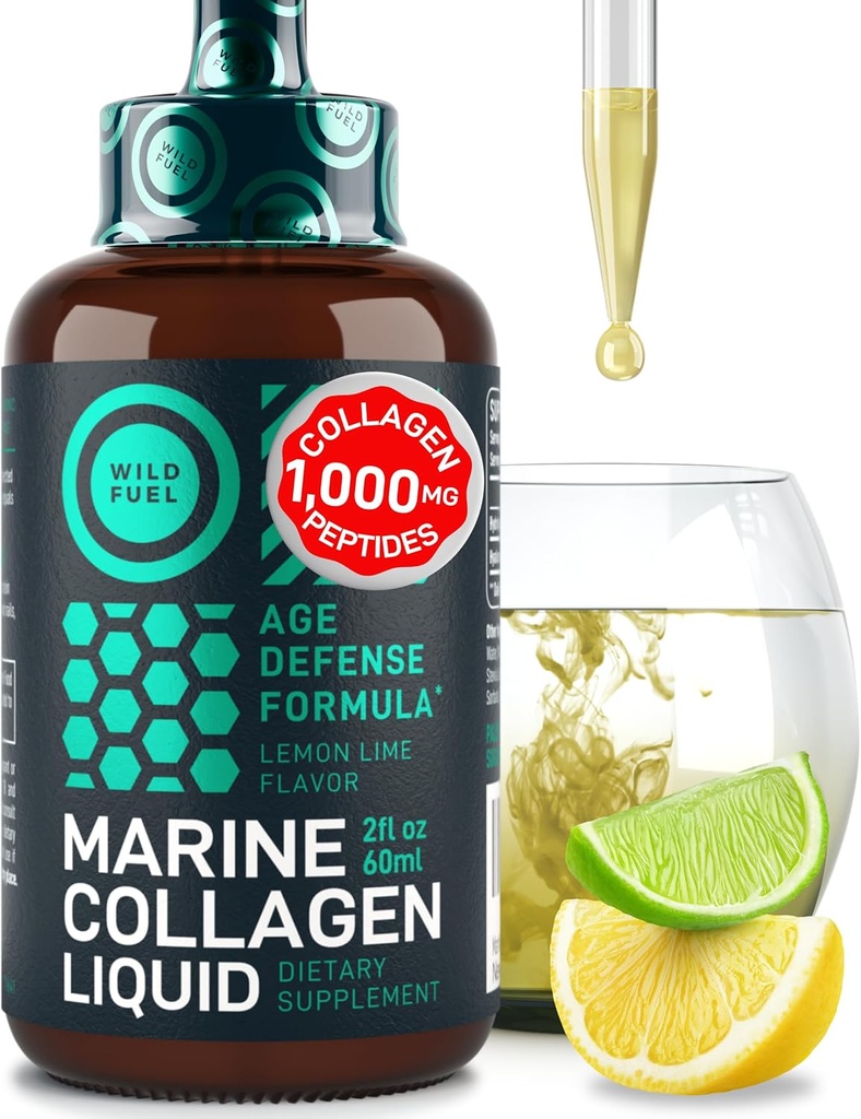 Flydende Marine Collagen Peptider Kosttilskud - 1.000mg Hydrolyzed Collagen Marine med Hyaluronsyre 10mg - Hårhud og negle Vitaminer - Natural Lemon Flavor, Flydende 2oz