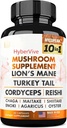 Mushroom Supplement 10x Complex - Lions Mane, Tyrkiet Tail, Cordyceps, Reishi, Chaga, Maitake, Shiitake, Oyster Extract Mushrooms - Nootrop Brain Support Support Supplements for Memory and Focus
