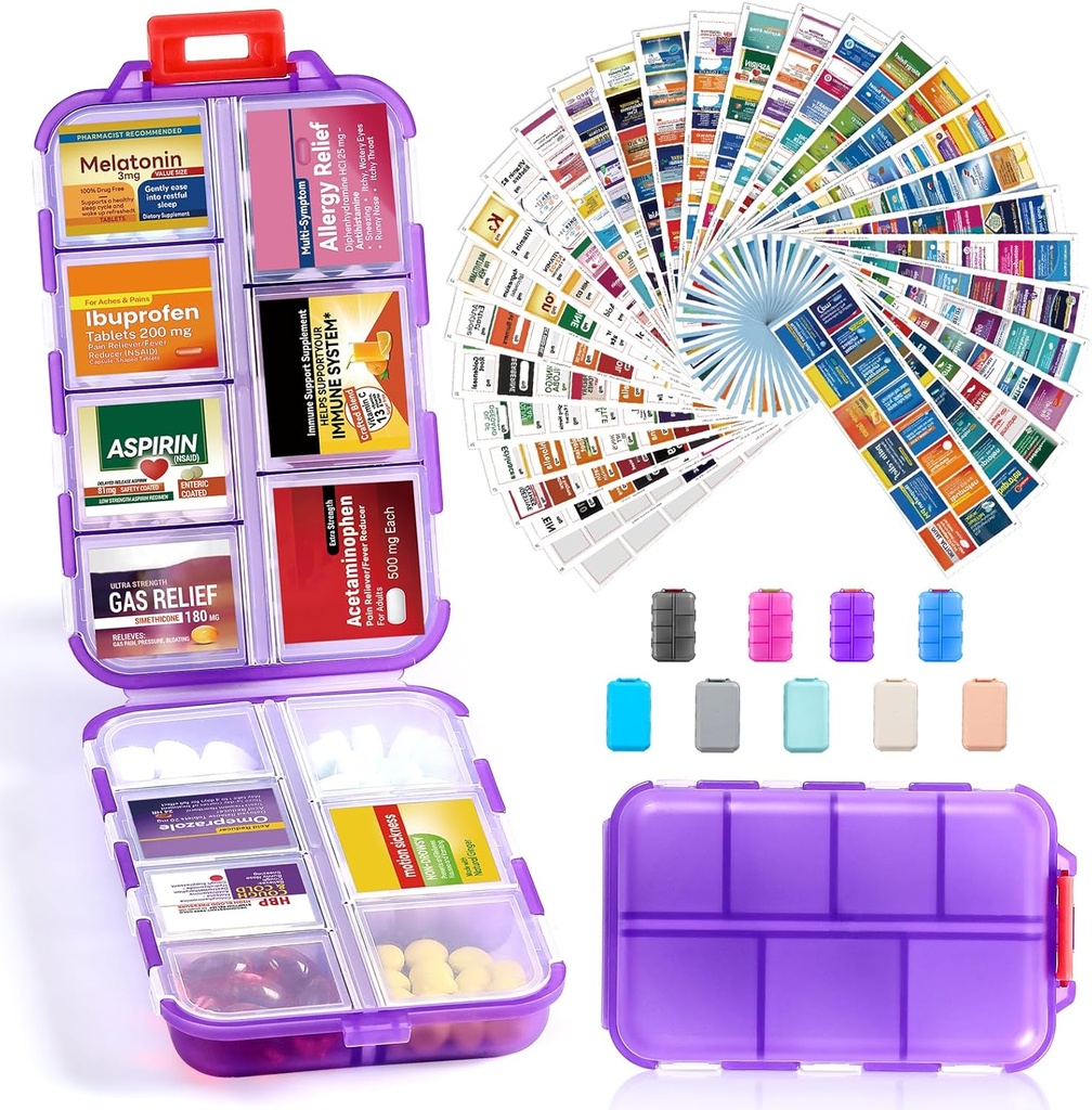 14 Grids Travel Pill Organizer Box med 415-Pcs Medicine Navn Labels, Pocket Daily Pharmacy Case Container, Travel Medication Holder Dispenser Kit for Fish Oil Vitamin Supplement Storage -Clear Purple