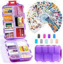14 Grids Travel Pill Organizer Box med 415-Pcs Medicine Navn Labels, Pocket Daily Pharmacy Case Container, Travel Medication Holder Dispenser Kit for Fish Oil Vitamin Supplement Storage -Clear Purple