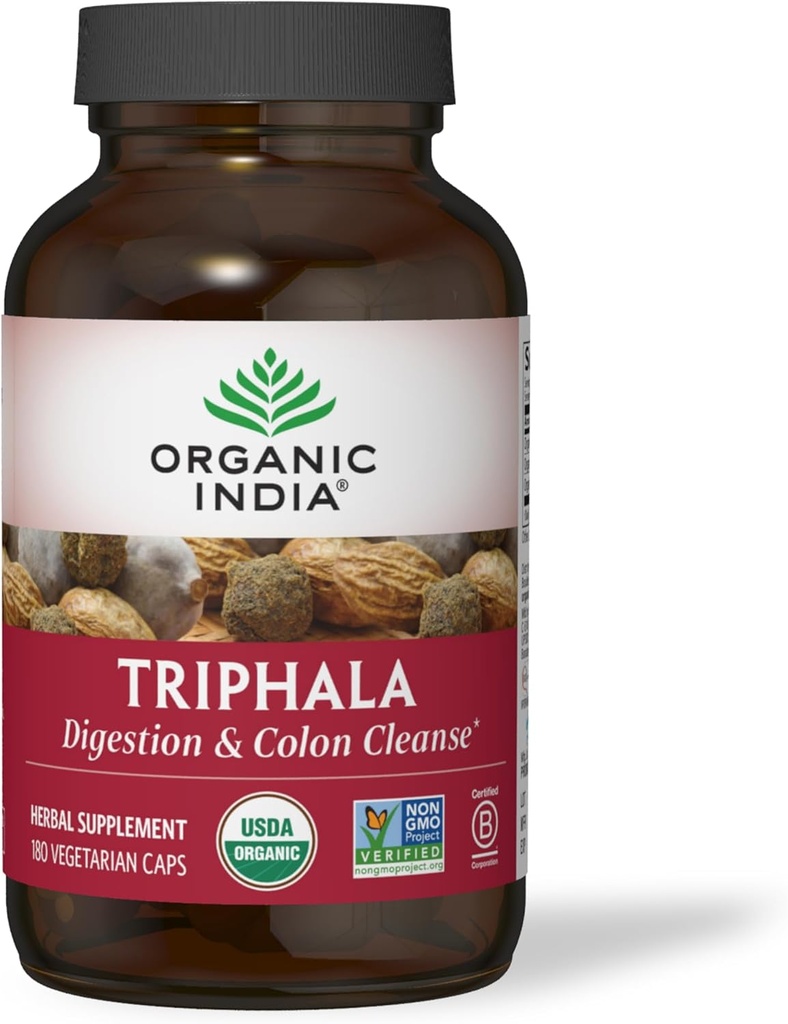 ORGANISK INDIA Triphala kapsler Organic - Herbal supplement med Amla, Bibhitaki, Haritaki, fordøjelse & kolon support, immunsystem support, adaptogen, Vegan, USDA Certified Organic - 180 kapsler