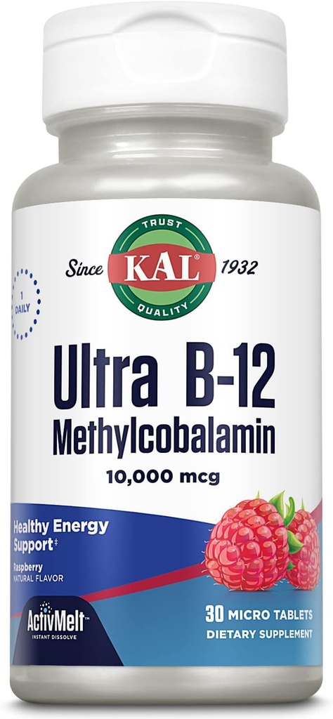 KAL Ultra B12 Methylcobalamin 10,000mcg, High Potency Vitamin B-12 for sund energi, Metabolisme, Nerve, Red Blood Cell Support, * Natural Raspberry Flavor, Vegetar, 30 Micro Tablets, 30 Servere