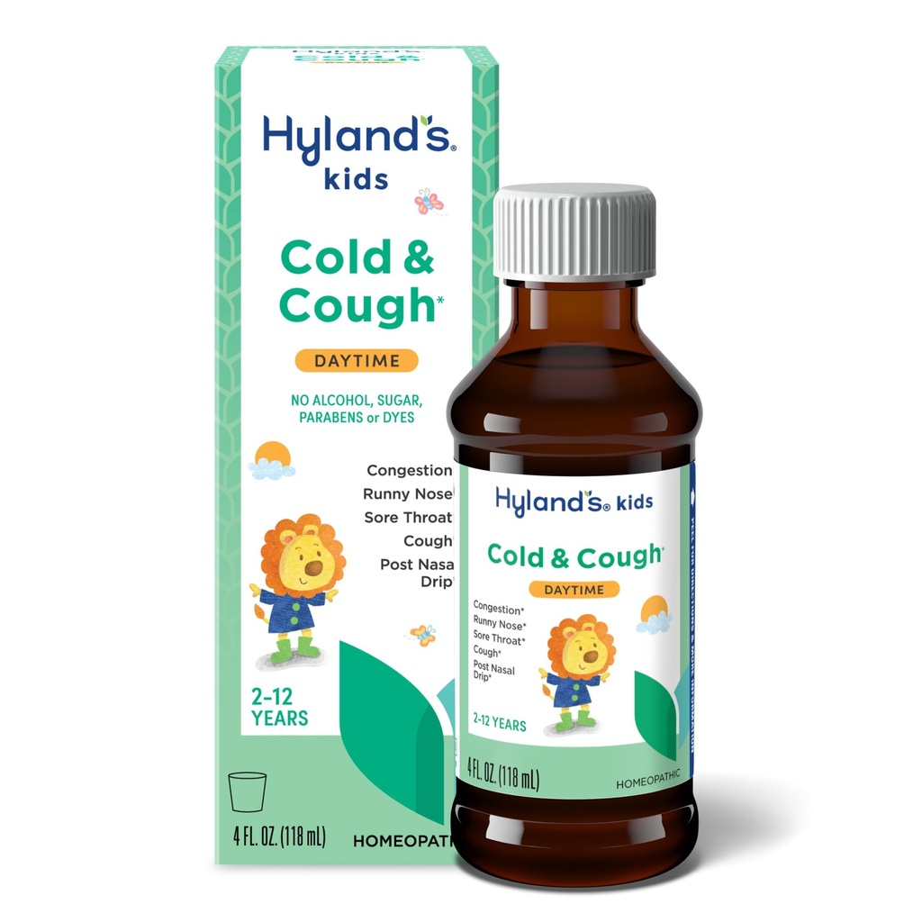 Hyland 's Kids Cold and Hough, Daytime Hough Syrup Medicin til børn i alderen 2 og op, Decongestant, Sore Throat Relief, naturlig behandling for almindelige kolde symptomer, 4 Fl Oz