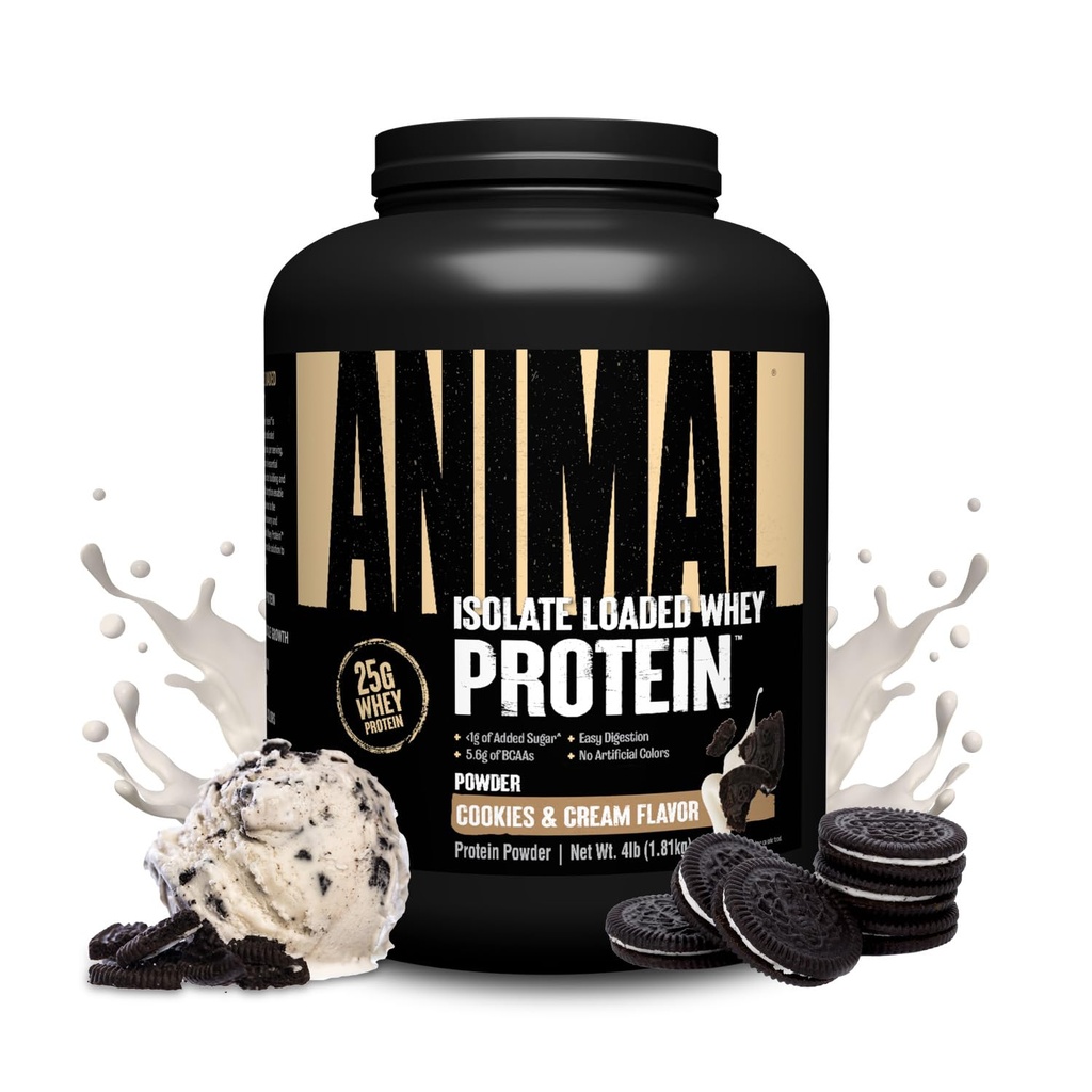Animal Whey Isolate Protein Powder - Loaded for Pre & Post Workout Muscle Builder og Inddrivelse med fordøjelige enzymer til mænd og kvinder - 25g Protein, Great Smag, Lavsukker - Cookies & Cream 4 lbs