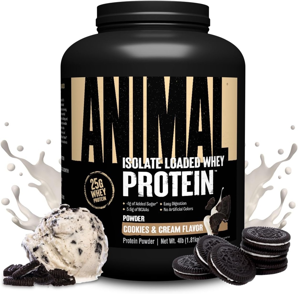 Animal Whey Isolate Protein Powder - Loaded for Pre & Post Workout Muscle Builder og Inddrivelse med fordøjelige enzymer til mænd og kvinder - 25g Protein, Great Smag, Lavsukker - Cookies & Cream 4 lbs