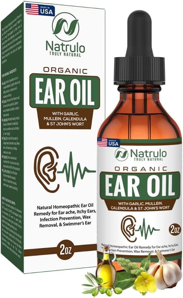 Organic Ear Oil for Ear Infektion - Natural Eardrops for Ear Pain, Swimmers Ear & Wax Fjernelse - Børn, Voksne, Baby & Dog Earache Remedy - Ear Drops med Mullein, Hvidløg Made i USA