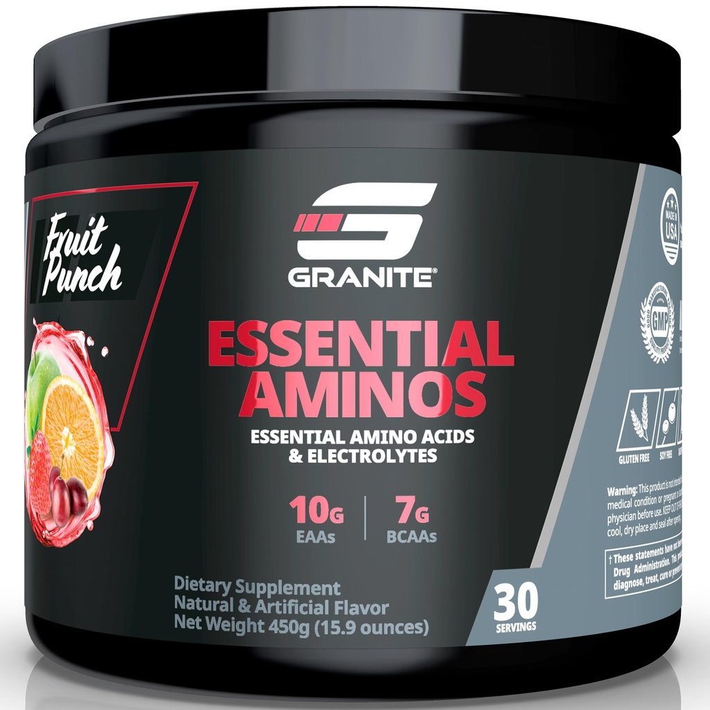 Granit Essential Aminosyrer Pulver til muskel Inddrivelse og vækst med 10g EAA og 7g BCAA - Soy- Free, Gluten- Free, 448g (30 Servere), Fruit Punch Flavor