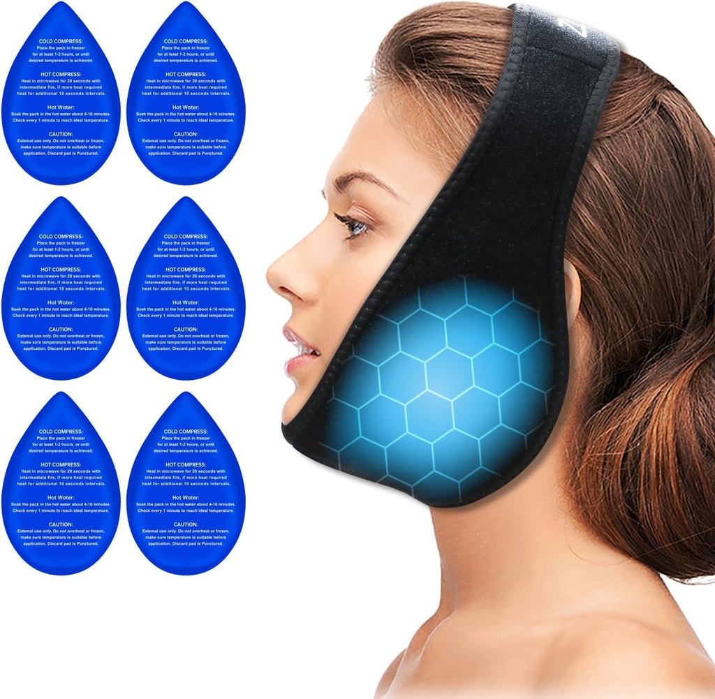 ZNÖCUETÖD Visdom Tænder Ice Pack Face Head Wrap for Visdom Tænder Fjernelse Tandpine Smerte Relief, TMJ, Jaw Ice for Face Oral Kirurgi, Dental Implantat med 6 Genanvendelige varme kolde Gel pakker