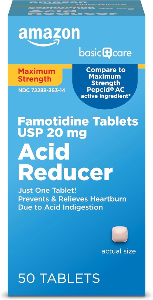 Basic Care Maximum Strength Famotidine Tablets 20 mg, Acid Reducer for Heartburn Relief, 50 Greve