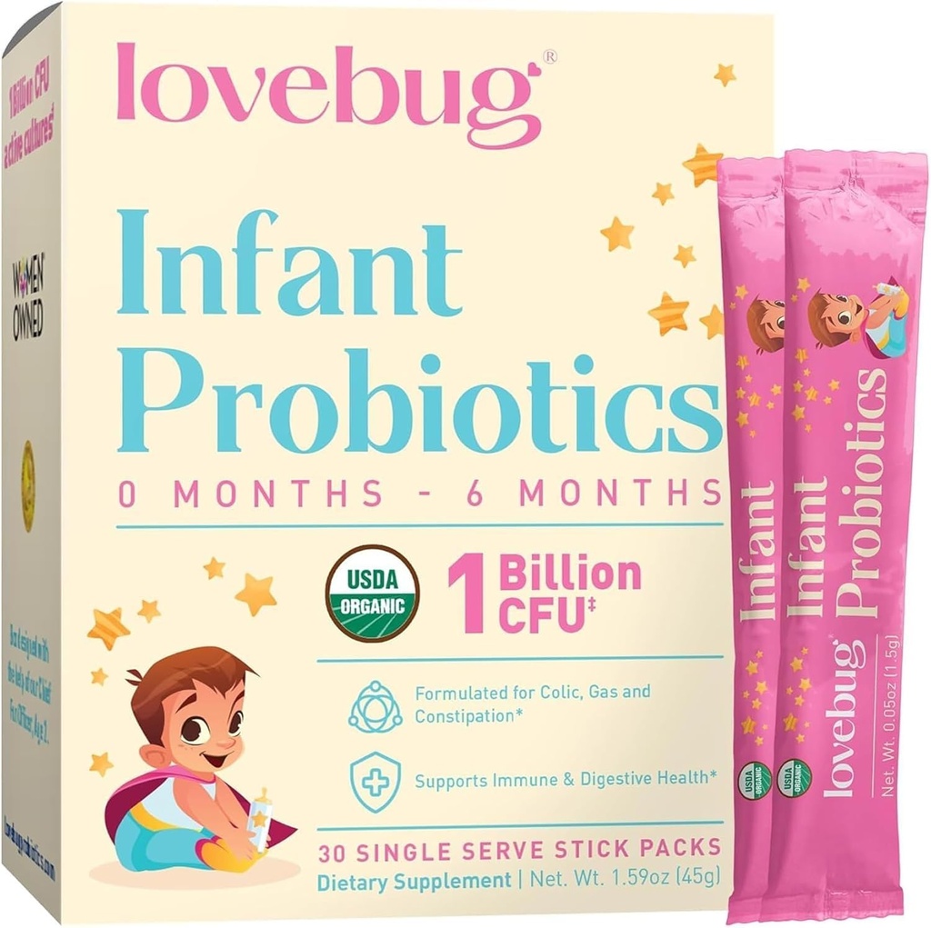 LOVEBUG Infant Probiotika 0-6 Måneder - USDA Organic Probiotika til Babyer, Understøtter Baby Gas, Kolik, Diarré og Newborn Forstoppelse Relief, Allergen & Sugar Free, Tastless Powder, 30 Pack