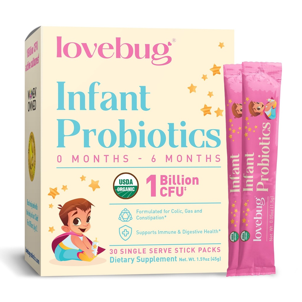 LOVEBUG Infant Probiotika 0-6 Måneder - USDA Organic Probiotika til Babyer, Understøtter Baby Gas, Kolik, Diarré og Newborn Forstoppelse Relief, Allergen & Sugar Free, Tastless Powder, 30 Pack