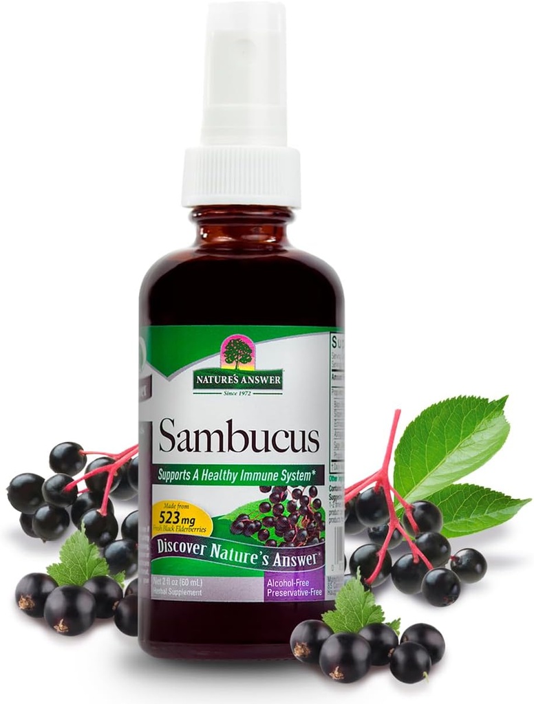 Nature 's Svar Sambucus Spray Mea124; Understøtter en sund immunsystem Mea124; Infunderes med Slippery Elm, Sage & Echinaea Mea124; Alkohol- Free, Gluten- Free, Kosher Certified & No Preservatives 2oz