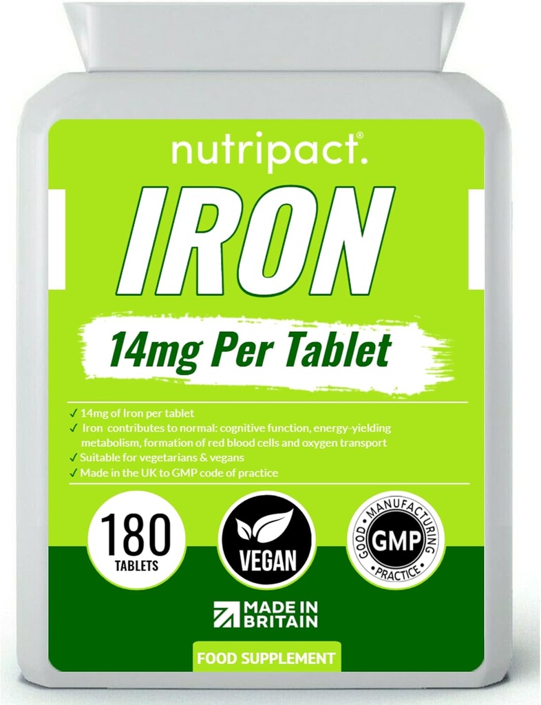 Jern tabletter 14mg - Nem at synke én-a- dag Formel - Hjælper Reducere Træthed & Træthed, Energi Booster, Understøtter immunsystem, Dannelse af røde blodceller - 6 måneder Supply - 180 Vegan Supplement