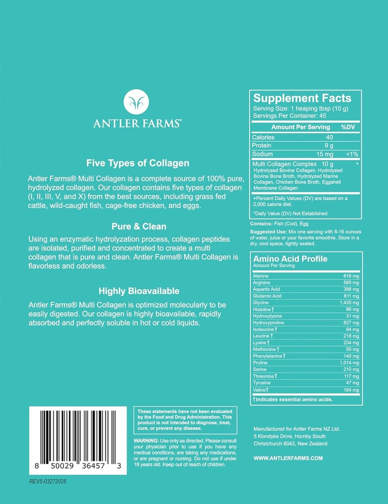 Aniler Farms - Multi Collagen Protein Powder - 5 typer (I, II, III, V og X) 100% Pure Hydrolyzed Collagen Peptider til mænd og kvinder - Biotilgængelig, Rapid Absorption - Unflavored - 1 LB