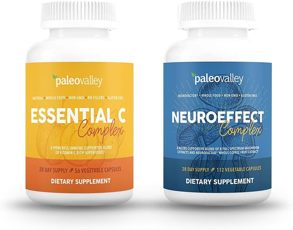 Paleovalley NeuroEffect + Essential C Complex Bundle - Neuro Mushroom Coffee Extract, Vitamin C Supplement 450g Focus, Memory, Energy, Immune Support, Organic Superfoods