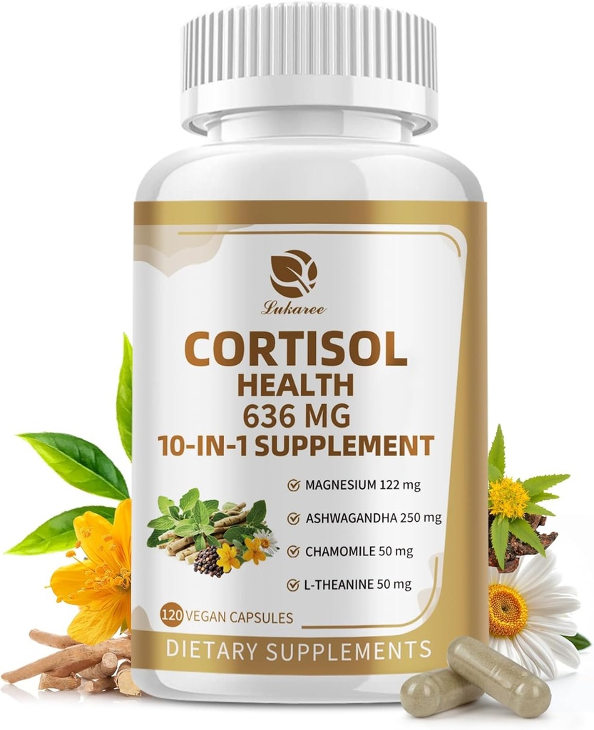 10- in-1 Cortisol Kosttilskud med Magnesium, Ashwagandha, Kamille, L- Theanine, Phosphatidylserin, St. John 's Wort, Astragalus, C-vitamin & D3, for kvinder Mænd, 120 Veganske kapsler til 2 måneder, non-GMO