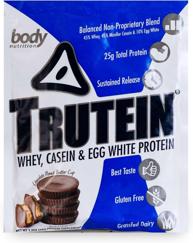 Krop Nutrition Trutein High Protein Powder: 45% Whey, 45% Casein, 10% Egg White, Gluten- Free, Lavnatrium, Græs Fed Whey Protein, Gym Supplement & Breakfast Shake, Chokolade Peanut Butter, 34g prøve